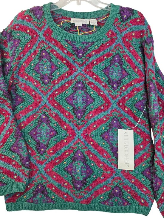 80s Handknit Sweater Size Medium Boho Cottage Geometric Vintage Deadstock - Picture 1 of 6
